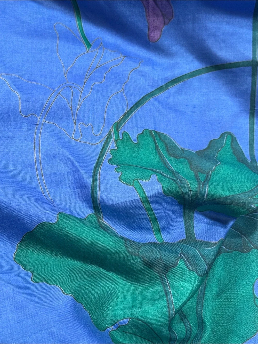 Vibrant Blue Floral Silk Scarf block printed stunning 35” by 36”